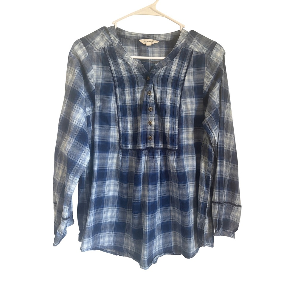 Lucky Brand Women Blue White Plaid Pintuck Bib Button Front Cotton Blouse S